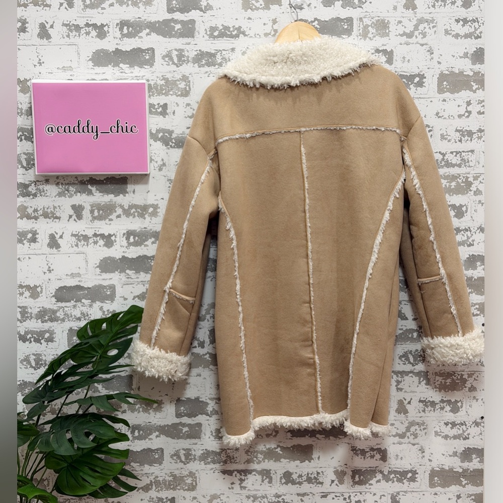 SOLD - Forever 21 Faux Suede & Shearling Coat Tan Size L | Long Sherpa-Lined - Picture 5 of 7